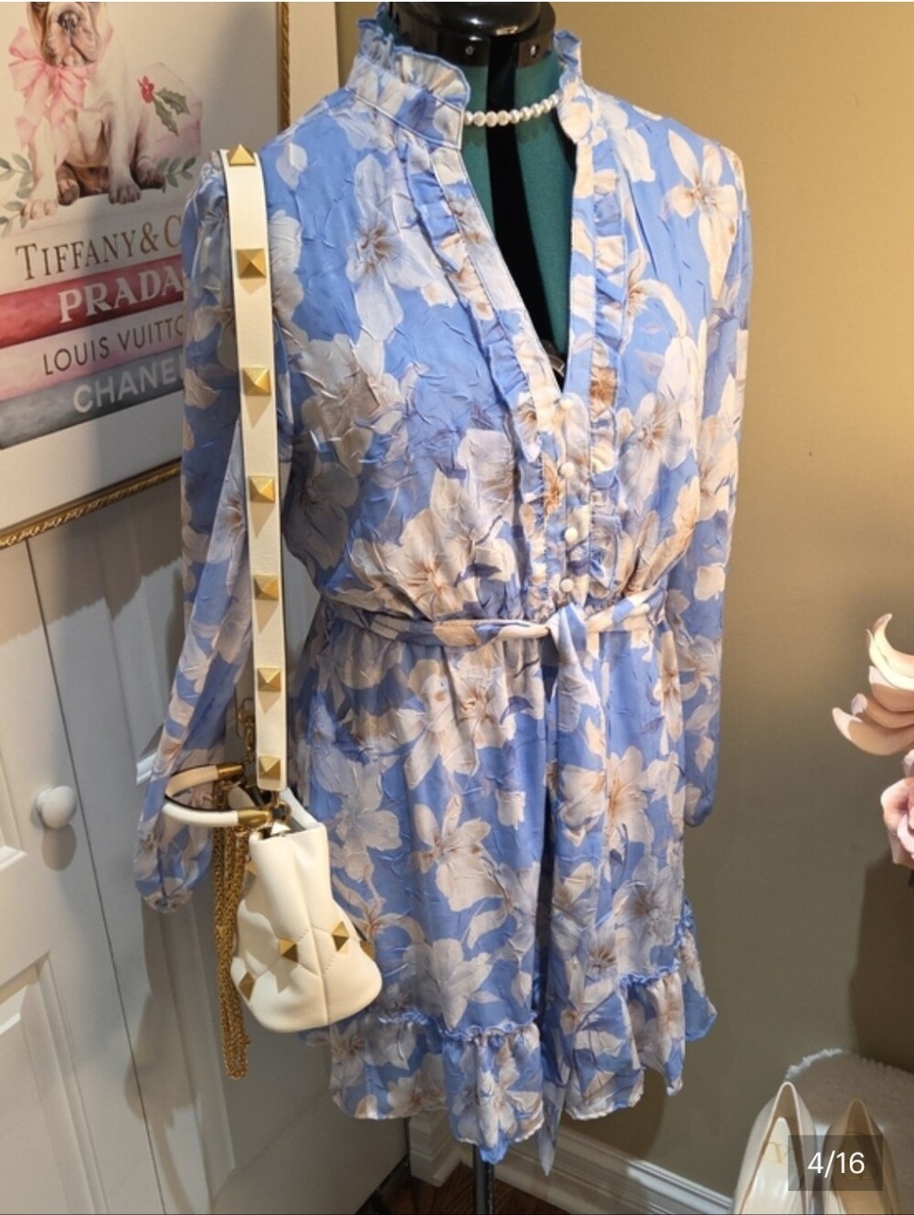 Nwt Large Joie Blue Floral Midi Dress with Cream Accents